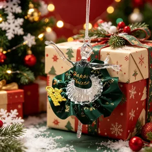 Close-up of clear acrylic ballerina ornament with green satin tutu and gold text
