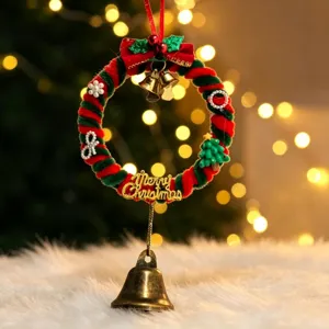 Handmade DIY Christmas chenille stem wreath pendant with bell and festive decor