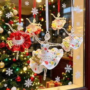 Acrylic ballet girl Christmas ornaments featuring red and polka dot fabric skirts