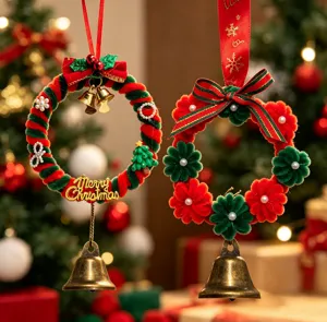 Detailed macro view of handmade Christmas chenille stem wreaths with golden bells and pearls
