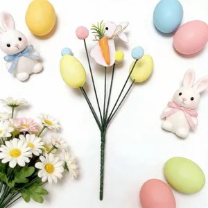 Easter Decoration Picks With Plush Bunny Foam Easter Eggs Colorful Pom Poms Artificial Floral Picks For Flower Arrangement Festive Party Decor