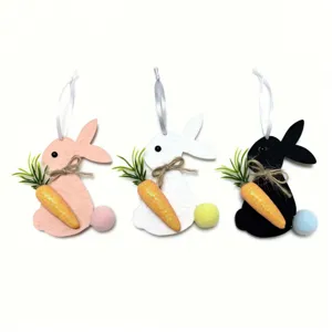 Easter Felt Rabbit Hanging Ornaments With Glitter Carrot Twine Bow Pom Pom Tail Cute Handmade Bunny Pendants For Home Party Seasonal Decoration