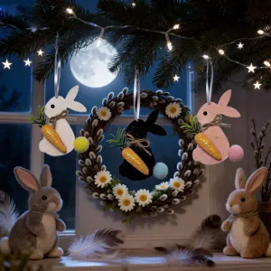 Easter felt bunny hanging ornaments with carrots in white black and pink colors