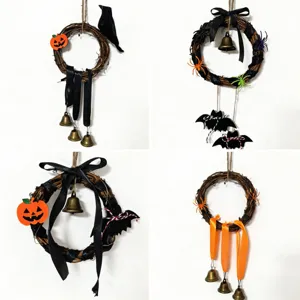 Halloween Vine Wreath With Raven Bell Door Hanging Party Atmosphere Decor Handmade Spooky Pumpkin Bat Ornament For Home Wall
