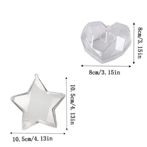 Decorazioni fai-da-te in plastica trasparente a forma di cuore e stella con dimensioni.