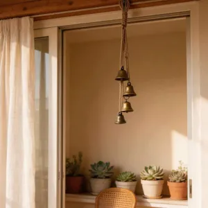 Vintage bronze metal bells hanging on a natural jute rope for rustic home and garden decor.
