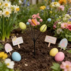 Decorative Easter egg and bunny garden stake branch insert for holiday outdoor decor