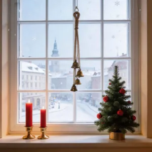 Vintage metal Christmas bell string on jute rope hanging in a cozy winter window scene.