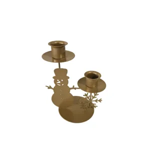 Vintage gold iron Christmas candle holder with snowman and snowflake decorative elements