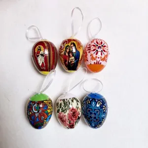 Set of 6 decorative Easter egg ornaments with European patterns and religious motifs