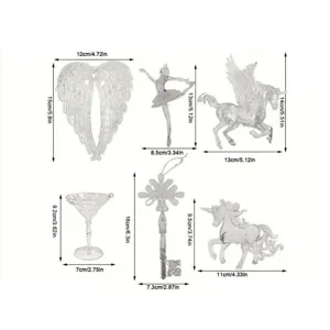 Transparent acrylic Christmas ornaments set with dimensions including angel wings and unicorn