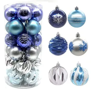 Selection of 6cm blue and silver Christmas baubles with various patterns and finishes.