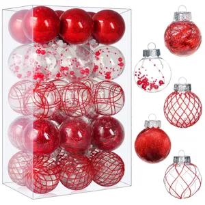 Detail view of 30 festive 6cm red and clear Christmas baubles with glitter and bead textures.