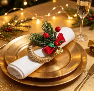 Detalle del servilletero navideño con agujas de pino, lazo rojo y campanillas