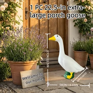 Detailed 22.5-inch extra-large white porch goose garden statue with dimensions shown