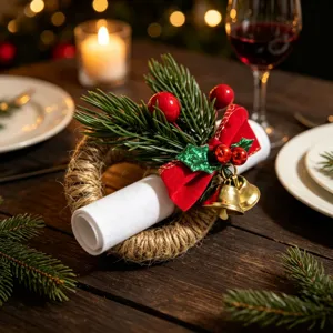 Primer plano detallado de un servilletero navideño con ramas de pino y campanas