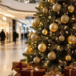 Close-up of golden Christmas baubles hanging on a festive tree with gift boxes