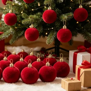 Rote 6cm beflockte Samt-Weihnachtskugeln an einem festlichen Baum mit Geschenken