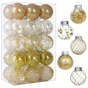 Set of 30 gold and transparent Christmas balls in various decorative patterns and textures.