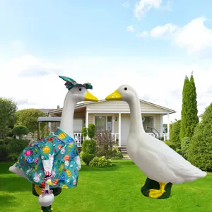 Large white porch goose statues with Easter bunny outfit for garden decoration, 22-inch