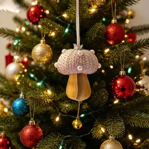 Unique sea urchin shell mushroom ornament with pearls hanging on a Christmas tree