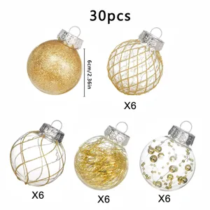 Close-up of 6cm gold and clear Christmas tree ornaments in 5 styles, 30 pieces set.