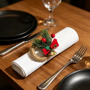 Servilletero navideño festivo con agujas de pino, bayas rojas y cascabeles dorados en mesa.
