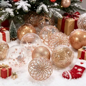 Assorted 6cm gold and clear PET Christmas baubles displayed on artificial snow backdrop