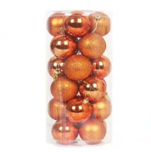 Set of 8cm orange Christmas balls with shiny, matte, and glitter finishes in a tube.