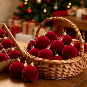 Detailansicht roter beflockter 6cm Weihnachtskugeln in einem rustikalen Weidenkorb