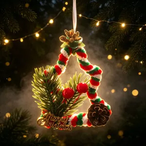 Handmade red and green pipe cleaner Christmas bell ornament with pine cone detail.
