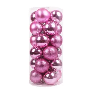Detail view of 20pcs pink Christmas ball ornaments set in a transparent bucket