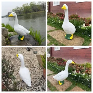 Collage showing a 22-inch white goose garden statue in various outdoor porch and lakeside settings