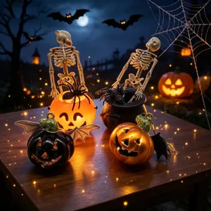 Spooky Halloween decorations set featuring skeletons, spiders, and glowing bat pumpkins