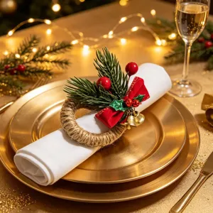 Servilleteros de Navidad Con Base de Cuerda de Cáñamo Lazo Rojo Campanas de Oro Aguja de Pino Baya Decoración de Mesa Accesorios de Fiesta