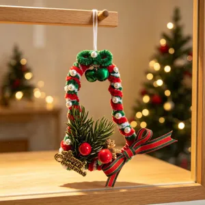 Detail view of handmade Christmas pipe cleaner bell ornament with pearls and pine