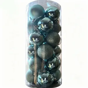 Close-up detail of 20 teal Christmas balls 8cm in clear packaging showing shiny matte textures