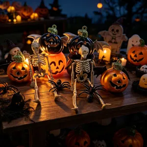 Atmospheric close-up of Halloween skeleton figurines and glowing pumpkin ornaments
