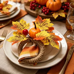 Close-up detail of Thanksgiving napkin ring featuring faux pumpkin and yellow maple leaves