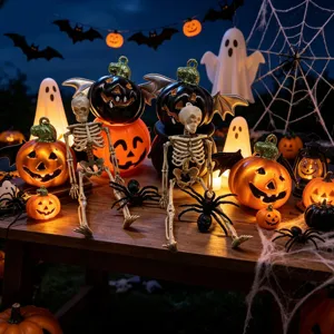 Atmospheric detail view of Halloween party decorations with glowing jack-o-lanterns and skeletons