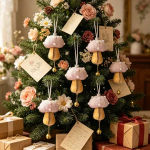 Handcrafted pink mushroom Christmas tree ornaments with pearl accents and golden bells