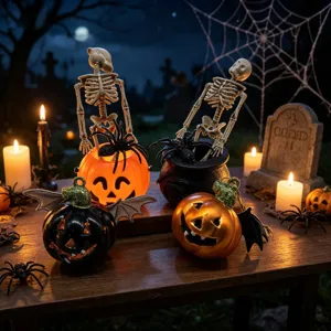 Close-up of Halloween decorations with skeletons, spiders, and pumpkin bat pendants