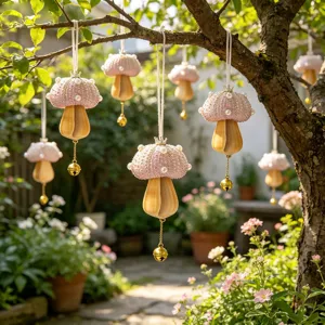 Sea urchin shell mushroom hanging ornaments with pearls and bells for garden decoration.