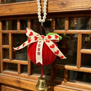 Handmade red velvet Christmas apple ornament with heart ribbon, pearl chain and bell