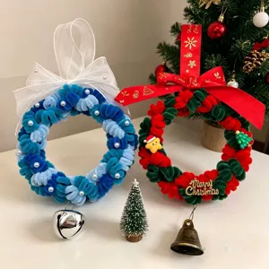 Detail of handmade 14cm pipe cleaner Christmas wreaths in blue and red-green colors.