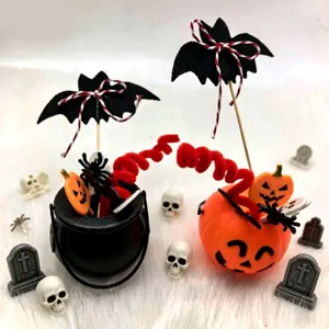 Halloween Cake Decoration Set Plastic Witch Cauldron Pumpkin Bucket Bat Spider Fruit Picks Halloween Party Supplies Dessert Table Decor