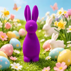 Purple flocked Easter bunny figurine standing in a festive flowery meadow with colorful eggs.
