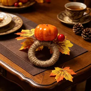 Handmade artificial pumpkin napkin ring with yellow maple leaves for Thanksgiving table decor