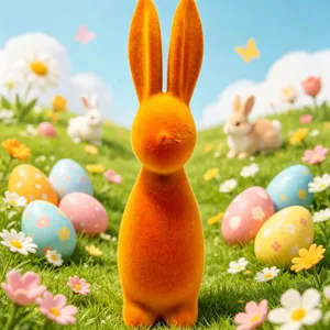 Macro view of orange flocked rabbit figurine for Easter holiday indoor party decor.