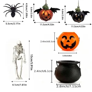 Detailed dimensions for Halloween spider, pumpkin pendants, skeleton, and party buckets